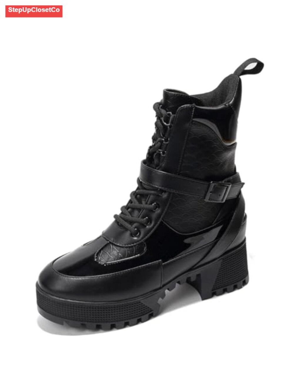 Chunky Heel Combat Boots PU Leather Non-Slip Platform Lace Up Ankle Boots